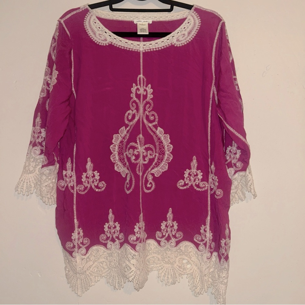 Ultra Pink Magenta Lace Embroidered Blouse 3/4 Sleeve Sz Small